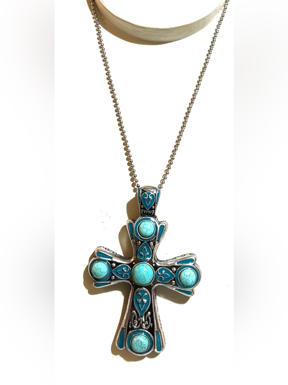 Vintage Silver-Tone Cross Necklace with Turquoise Blue Inlay